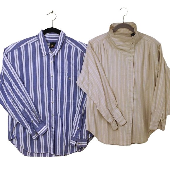 Lot of 2 Vintage Liz Claiborne Sporty Striped Shirts -L Button-up Long Sleeves - Picture 1 of 11